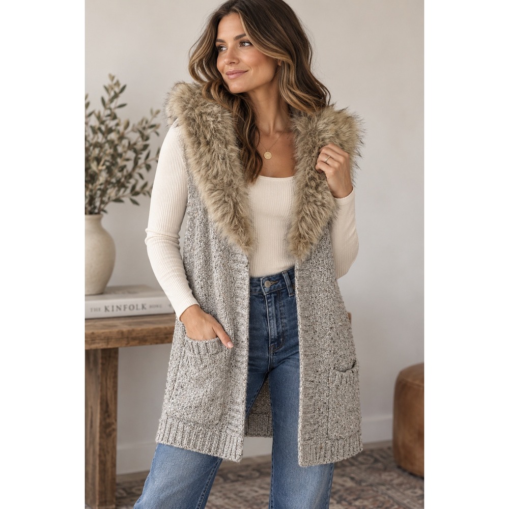 Orvis Sweater Vest Womens L Gray Faux Fur Collar Longline Knit Open Front